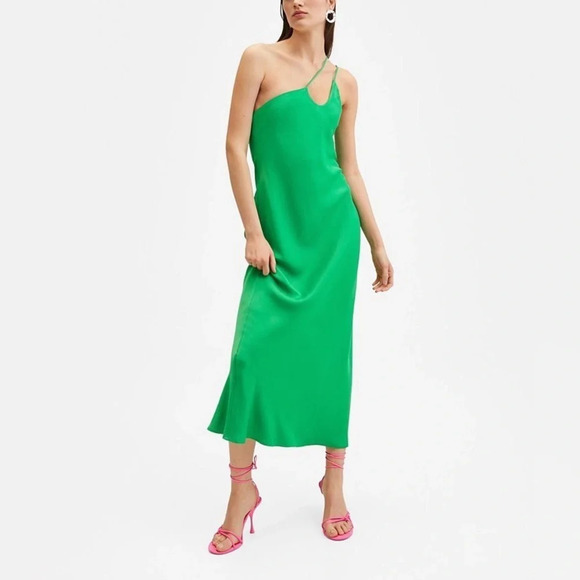 MANGO Asymmetrical Satin Effect One Shoulder Long Dress Green Size Small - Picture 8 of 16